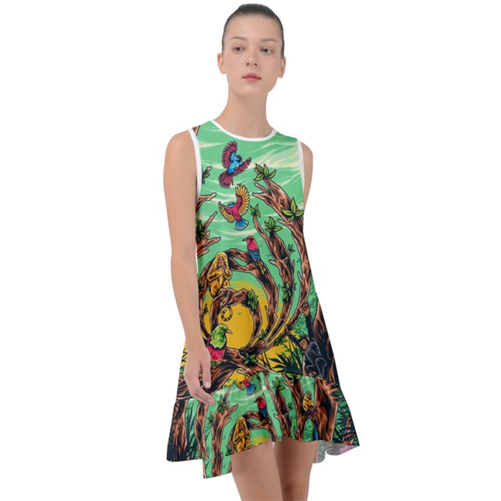 Monkey Tiger Bird Parrot Forest Jungle Style Frill Swing Dress