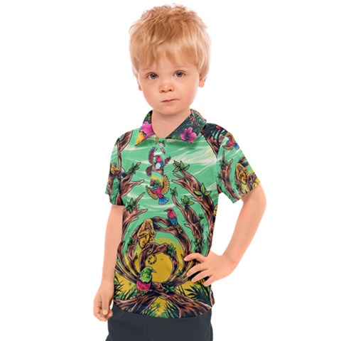 Monkey Tiger Bird Parrot Forest Jungle Style Kids  Polo T-shirt by Grandong