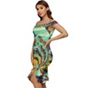 Monkey Tiger Bird Parrot Forest Jungle Style Off Shoulder Ruffle Split Hem Bodycon Dress View2