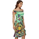 Monkey Tiger Bird Parrot Forest Jungle Style Off Shoulder Ruffle Split Hem Bodycon Dress View3