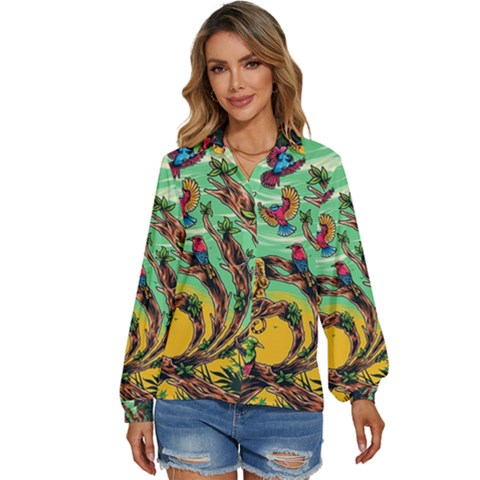 Monkey Tiger Bird Parrot Forest Jungle Style Women s Long Sleeve Button Up Shirt by Grandong