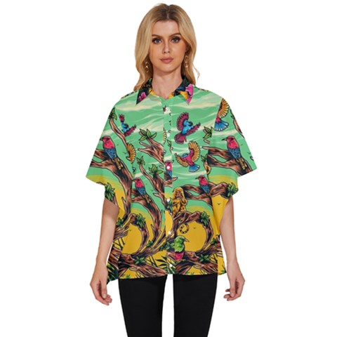 Monkey Tiger Bird Parrot Forest Jungle Style Women s Batwing Button Up Shirt by Grandong