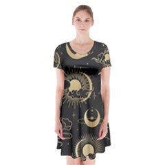 Asian Seamless Pattern With Clouds Moon Sun Stars Vector Collection Oriental Chinese Japanese Korean Short Sleeve V-neck Flare Dress by Grandong