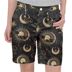 Asian Seamless Pattern With Clouds Moon Sun Stars Vector Collection Oriental Chinese Japanese Korean Women s Pocket Shorts by Grandong