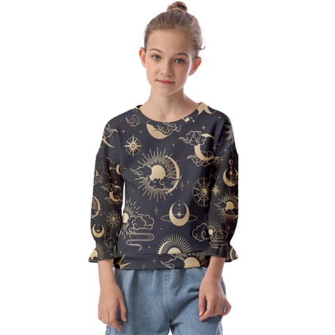 Asian Seamless Pattern With Clouds Moon Sun Stars Vector Collection Oriental Chinese Japanese Korean Kids  Cuff Sleeve Top by Grandong