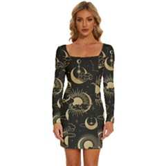 Asian Seamless Pattern With Clouds Moon Sun Stars Vector Collection Oriental Chinese Japanese Korean Long Sleeve Square Neck Bodycon Velvet Dress by Grandong