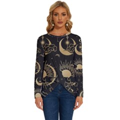 Asian Seamless Pattern With Clouds Moon Sun Stars Vector Collection Oriental Chinese Japanese Korean Long Sleeve Crew Neck Pullover Top by Grandong