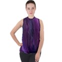 Feather Pattern Texture Form Mock Neck Chiffon Sleeveless Top View1