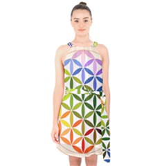 Mandala Rainbow Colorful Halter Collar Waist Tie Chiffon Dress