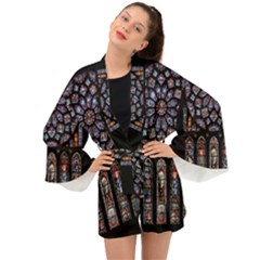 Chartres Cathedral Notre Dame De Paris Stained Glass Long Sleeve Kimono by Grandong