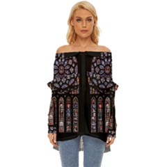 Chartres Cathedral Notre Dame De Paris Stained Glass Off Shoulder Chiffon Pocket Shirt by Grandong