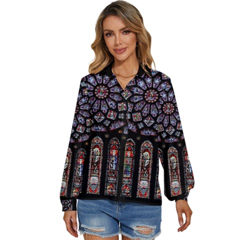 Chartres Cathedral Notre Dame De Paris Stained Glass Women s Long Sleeve Button Up Shirt by Grandong