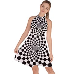 Geomtric Pattern Illusion Shapes Sleeveless Halter Neck A-line Dress