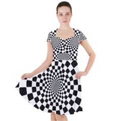 Geomtric Pattern Illusion Shapes Cap Sleeve Midi Dress With Pockets by Grandong