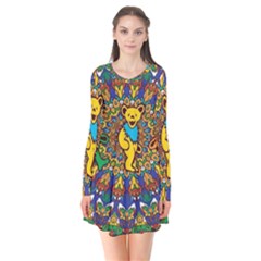 Dead Dancing Bears Grateful Dead Pattern Long Sleeve V-neck Flare Dress by Grandong