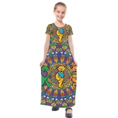 Dead Dancing Bears Grateful Dead Pattern Kids  Short Sleeve Maxi Dress by Grandong