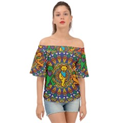 Dead Dancing Bears Grateful Dead Pattern Off Shoulder Short Sleeve Top by Grandong