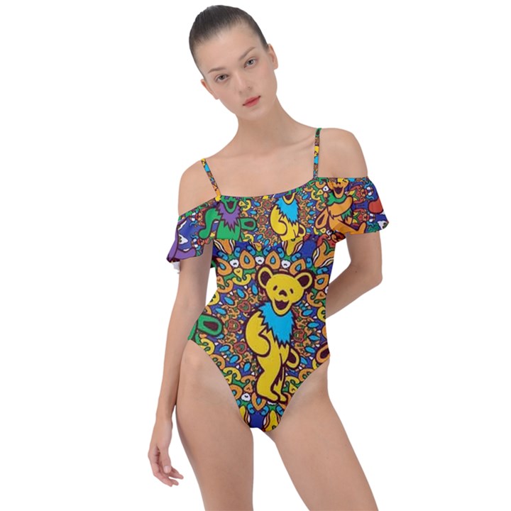 Dead Dancing Bears Grateful Dead Pattern Frill Detail One Piece Swimsuit