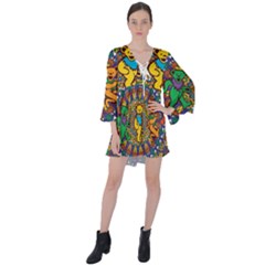 Dead Dancing Bears Grateful Dead Pattern V-neck Flare Sleeve Mini Dress by Grandong