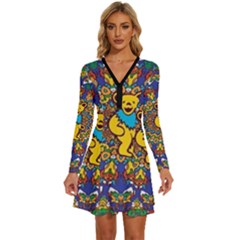 Dead Dancing Bears Grateful Dead Pattern Long Sleeve Deep V Mini Dress  by Grandong