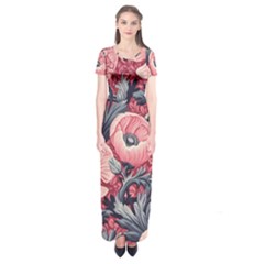 Vintage Floral Poppies Short Sleeve Maxi Dress