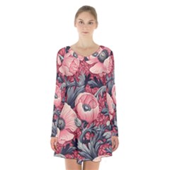 Vintage Floral Poppies Long Sleeve Velvet V-neck Dress