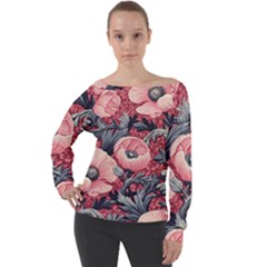 Vintage Floral Poppies Off Shoulder Long Sleeve Velour Top by Grandong