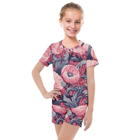 Vintage Floral Poppies Kids  Mesh T-shirt And Shorts Set by Grandong