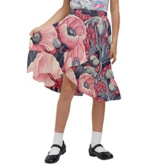 Vintage Floral Poppies Kids  Ruffle Flared Wrap Midi Skirt by Grandong