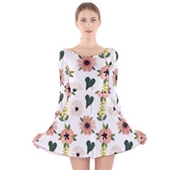 Flower White Pattern Floral Long Sleeve Velvet Skater Dress