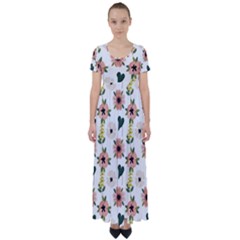 Flower White Pattern Floral High Waist Short Sleeve Maxi Dress