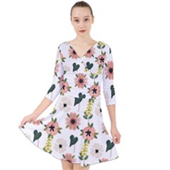 Flower White Pattern Floral Quarter Sleeve Front Wrap Dress