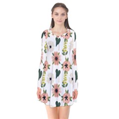 Flower White Pattern Floral Long Sleeve V-neck Flare Dress by anzea