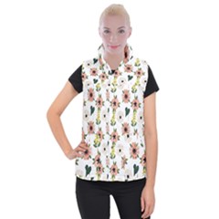 Flower White Pattern Floral Women s Button Up Vest