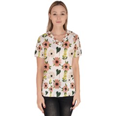 Flower White Pattern Floral Women s V-neck Scrub Top