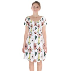 Flower White Pattern Floral Short Sleeve Bardot Dress