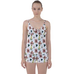 Flower White Pattern Floral Tie Front Two Piece Tankini