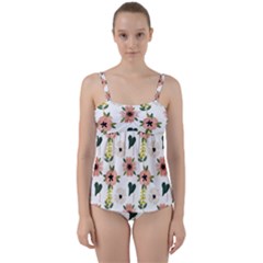 Flower White Pattern Floral Twist Front Tankini Set