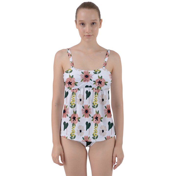 Flower White Pattern Floral Twist Front Tankini Set