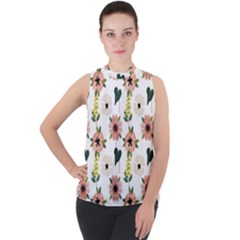 Flower White Pattern Floral Mock Neck Chiffon Sleeveless Top