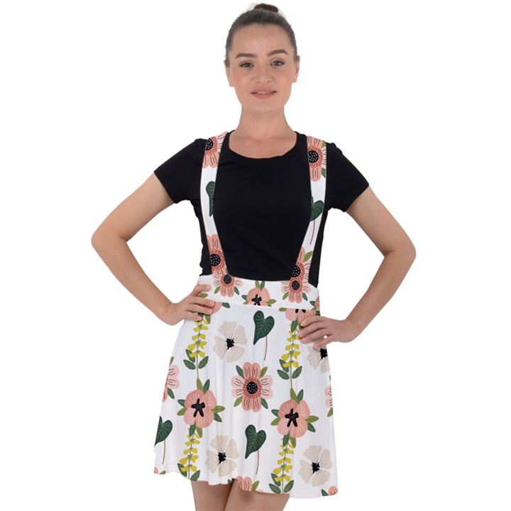 Flower White Pattern Floral Velvet Suspender Skater Skirt