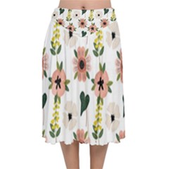 Flower White Pattern Floral Velvet Flared Midi Skirt