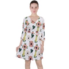 Flower White Pattern Floral Quarter Sleeve Ruffle Waist Dress