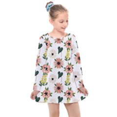 Flower White Pattern Floral Kids  Long Sleeve Dress