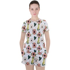 Flower White Pattern Floral Women s T-shirt And Shorts Set