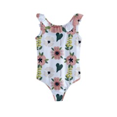 Flower White Pattern Floral Kids  Frill Swimsuit