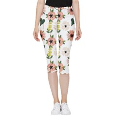 Flower White Pattern Floral Inside Out Lightweight Velour Capri Leggings 