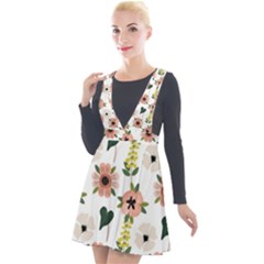 Flower White Pattern Floral Plunge Pinafore Velour Dress