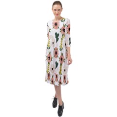 Flower White Pattern Floral Ruffle End Midi Chiffon Dress