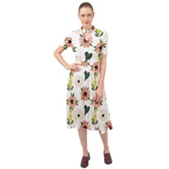 Flower White Pattern Floral Keyhole Neckline Chiffon Dress